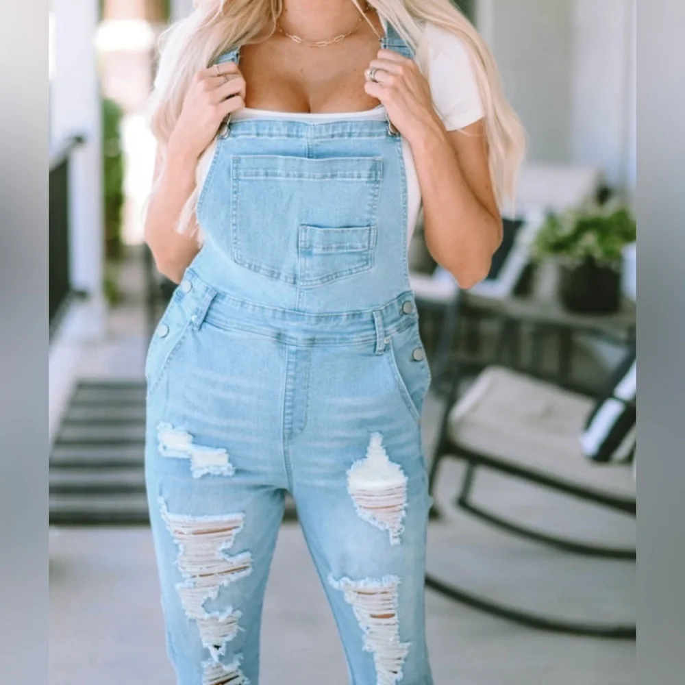 Women's Light Blue Distressed Denim Overalls - Picture 4 of 16